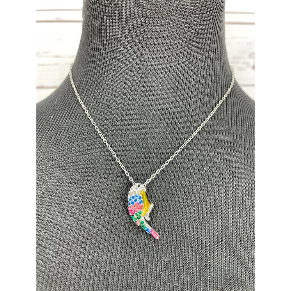 Girl's Tropical Rainbow Gemstone Silver Parrot Pendant Fashion Necklace